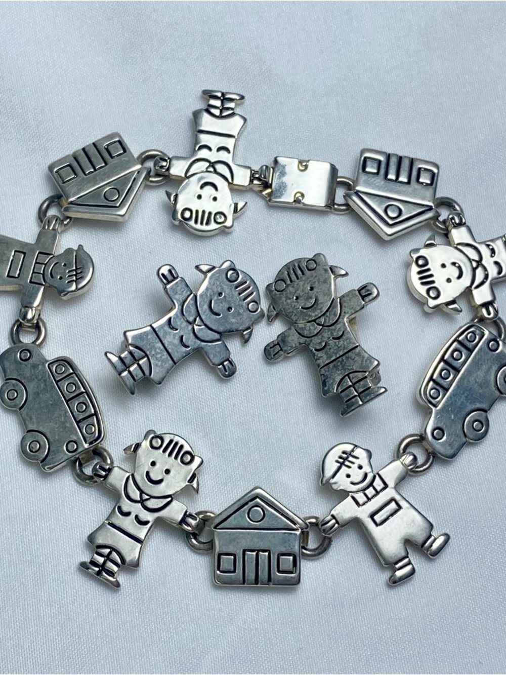 VTG Children School Kids Silver Tone Charm Bracelet & Clip On Earrings Set 90s